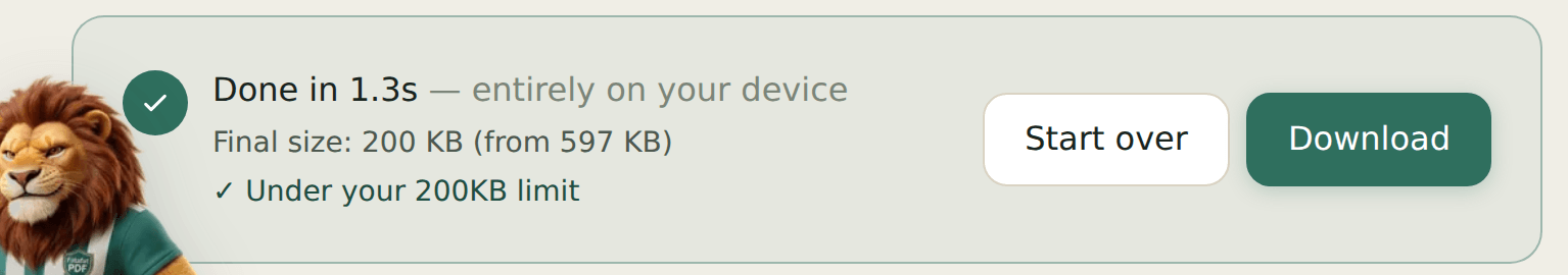 FatafatPDF's compress tool showing a completed result: a 597 KB PDF compressed to 200 KB in 1.3 seconds, entirely on the user's device